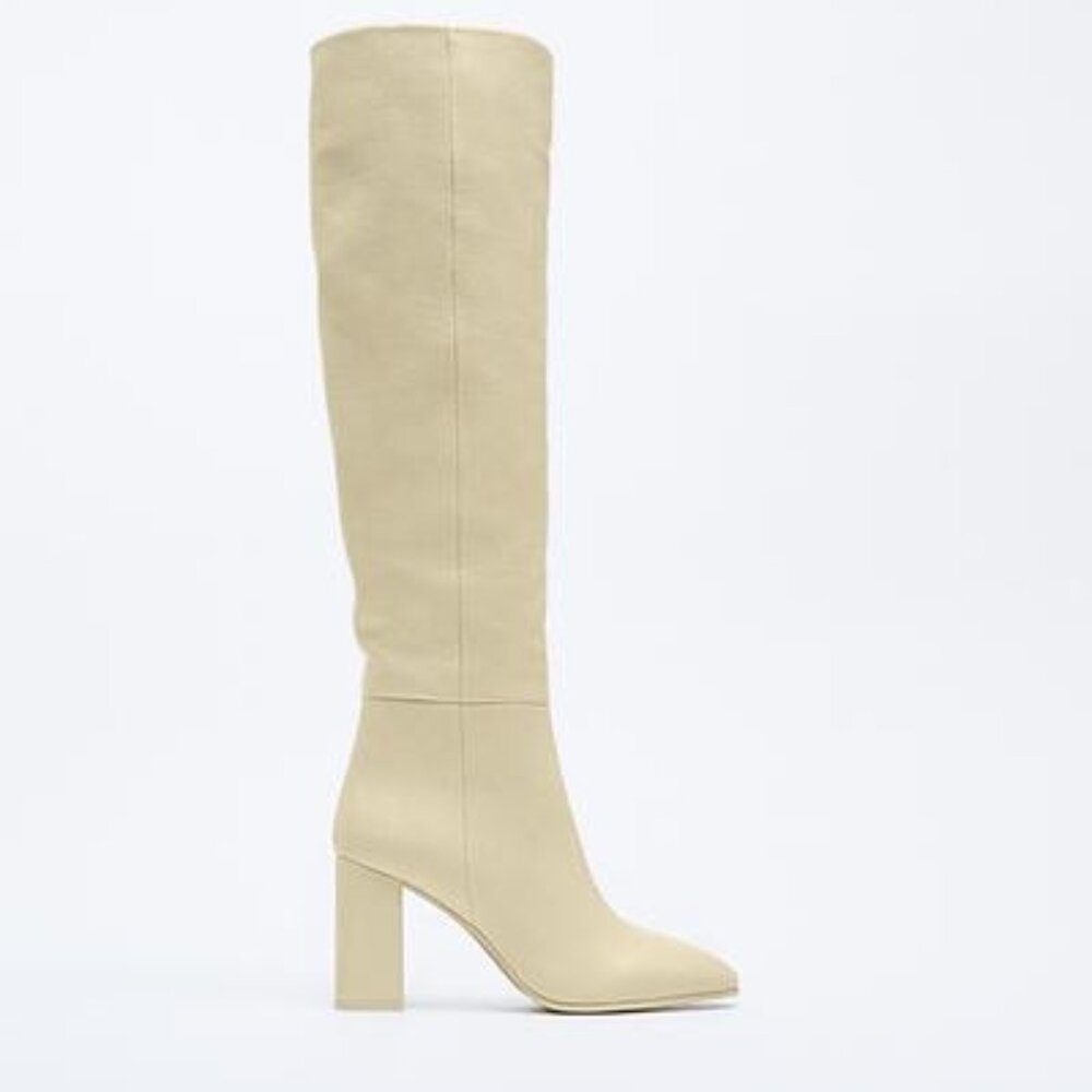 NWT ZARA 100% LEATHER BONE ECRU HEELED KNEE HIGH BOOTS (Size 37, 6.5)